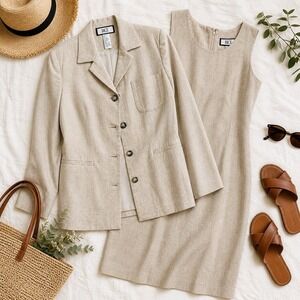 2 PC Linen Rayon Suit Dress & Jacket Sz 12 Beige Minimalist Career Office